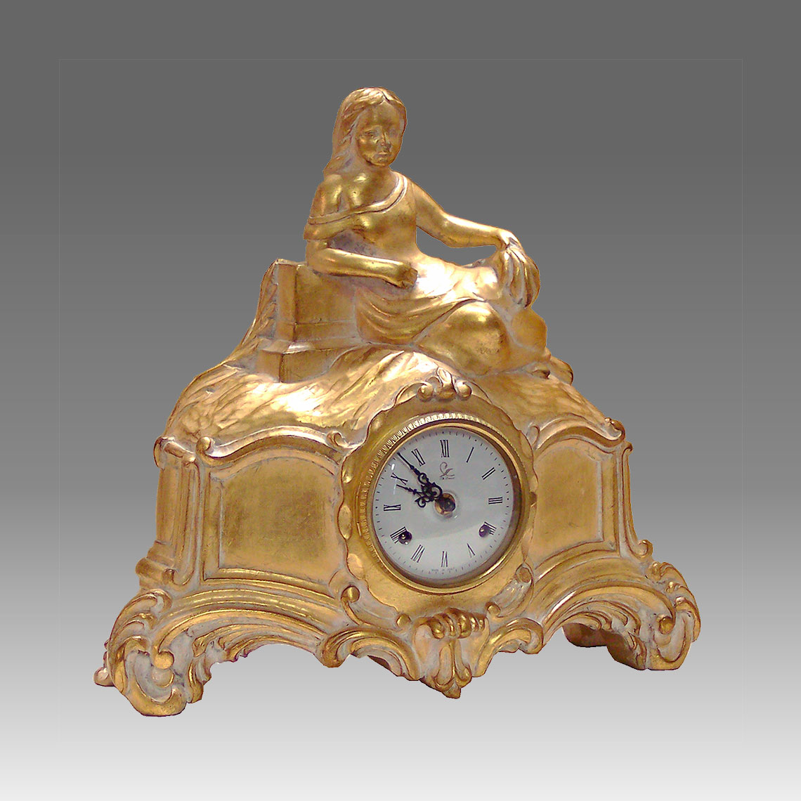 Mante Clock, Table Clock, Cimn Clock, Art.324/G in gold leafe de cape white - Bim Bam melody on Bells, white round dial